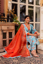 Thumbnail for Pomcha Jaipur Gaurangi Blue Orange Cotton Floral Print Suit Set - Distacart