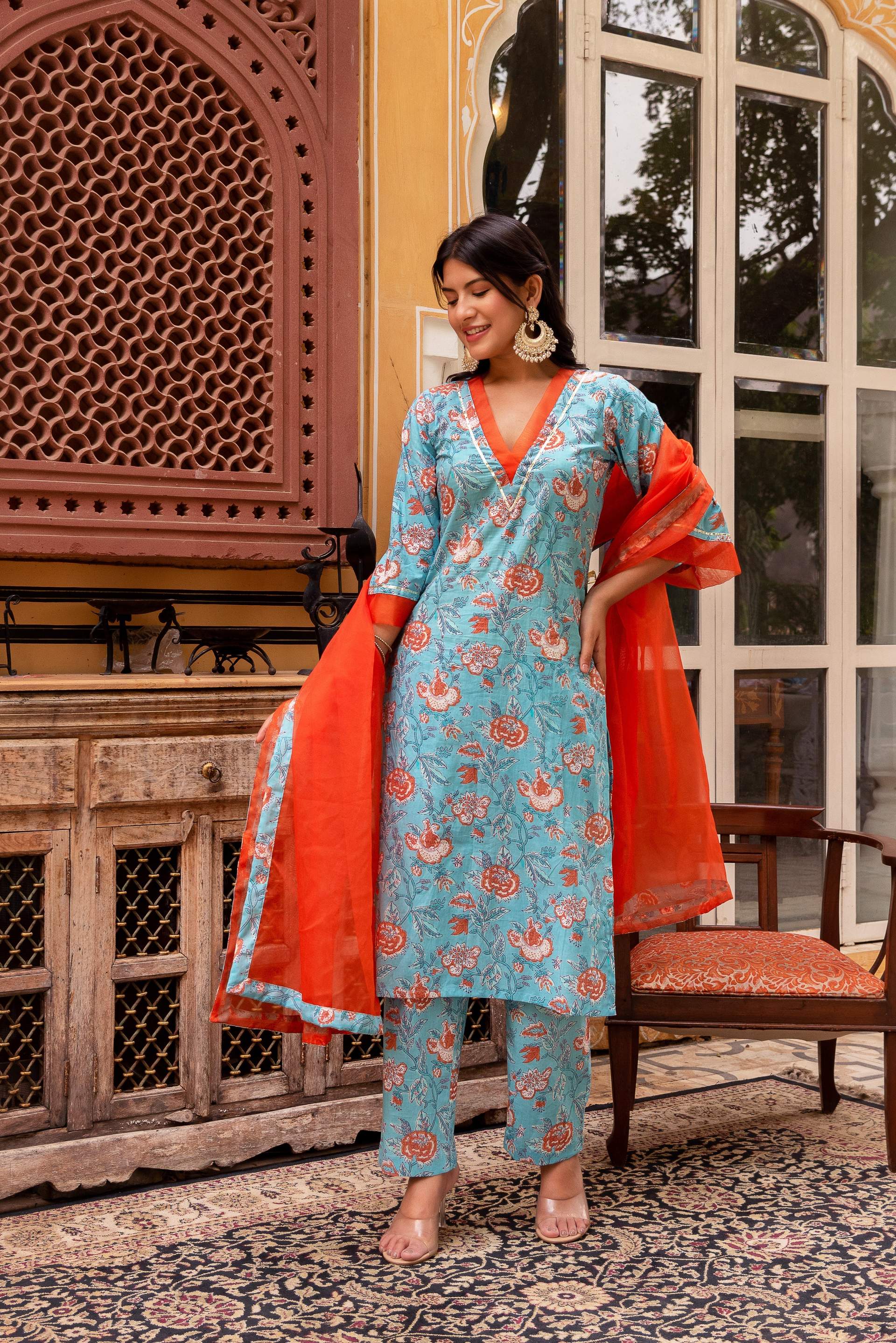 Pomcha Jaipur Gaurangi Blue Orange Cotton Floral Print Suit Set - Distacart