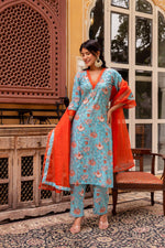 Thumbnail for Pomcha Jaipur Gaurangi Blue Orange Cotton Floral Print Suit Set - Distacart
