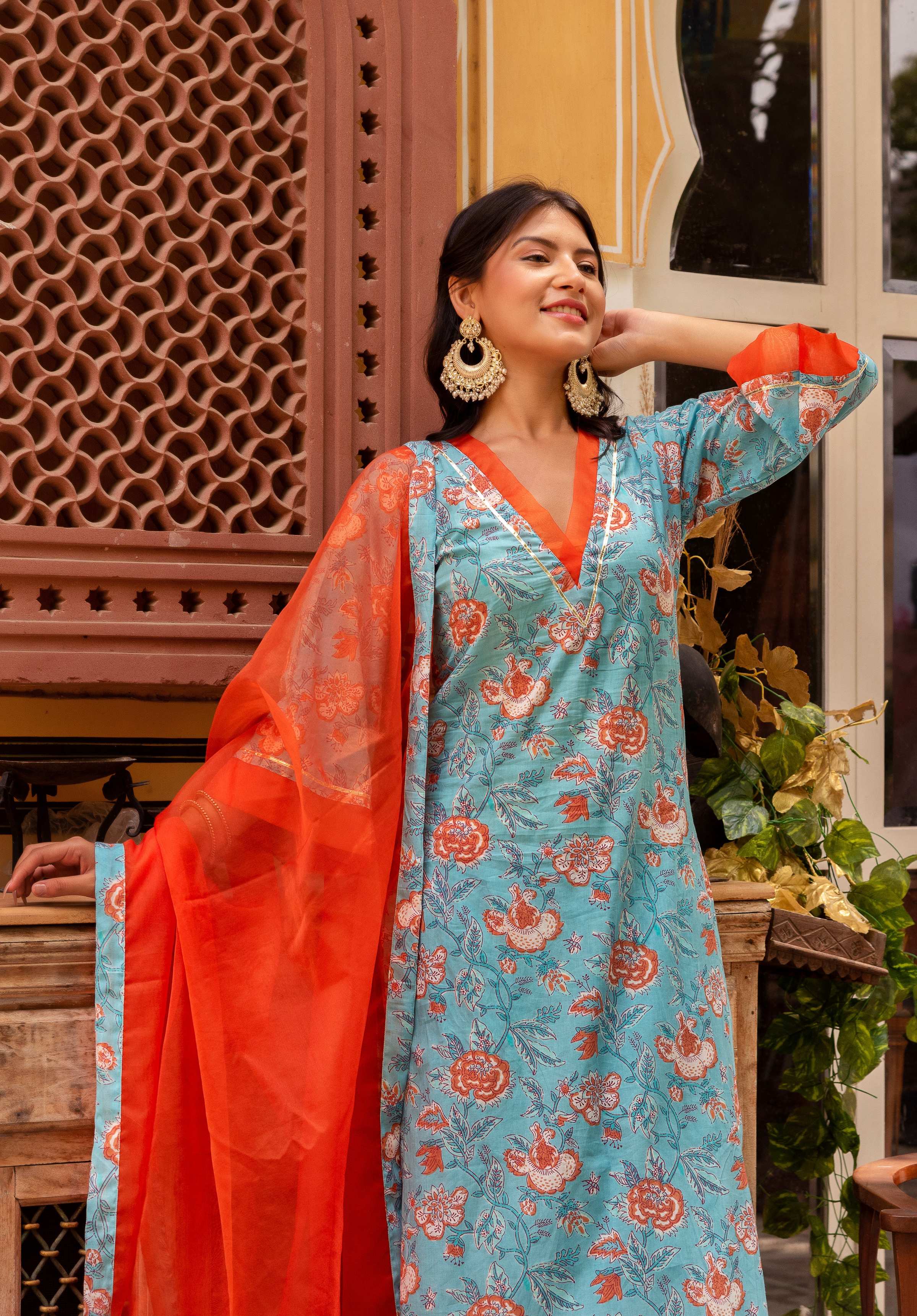Pomcha Jaipur Gaurangi Blue Orange Cotton Floral Print Suit Set - Distacart