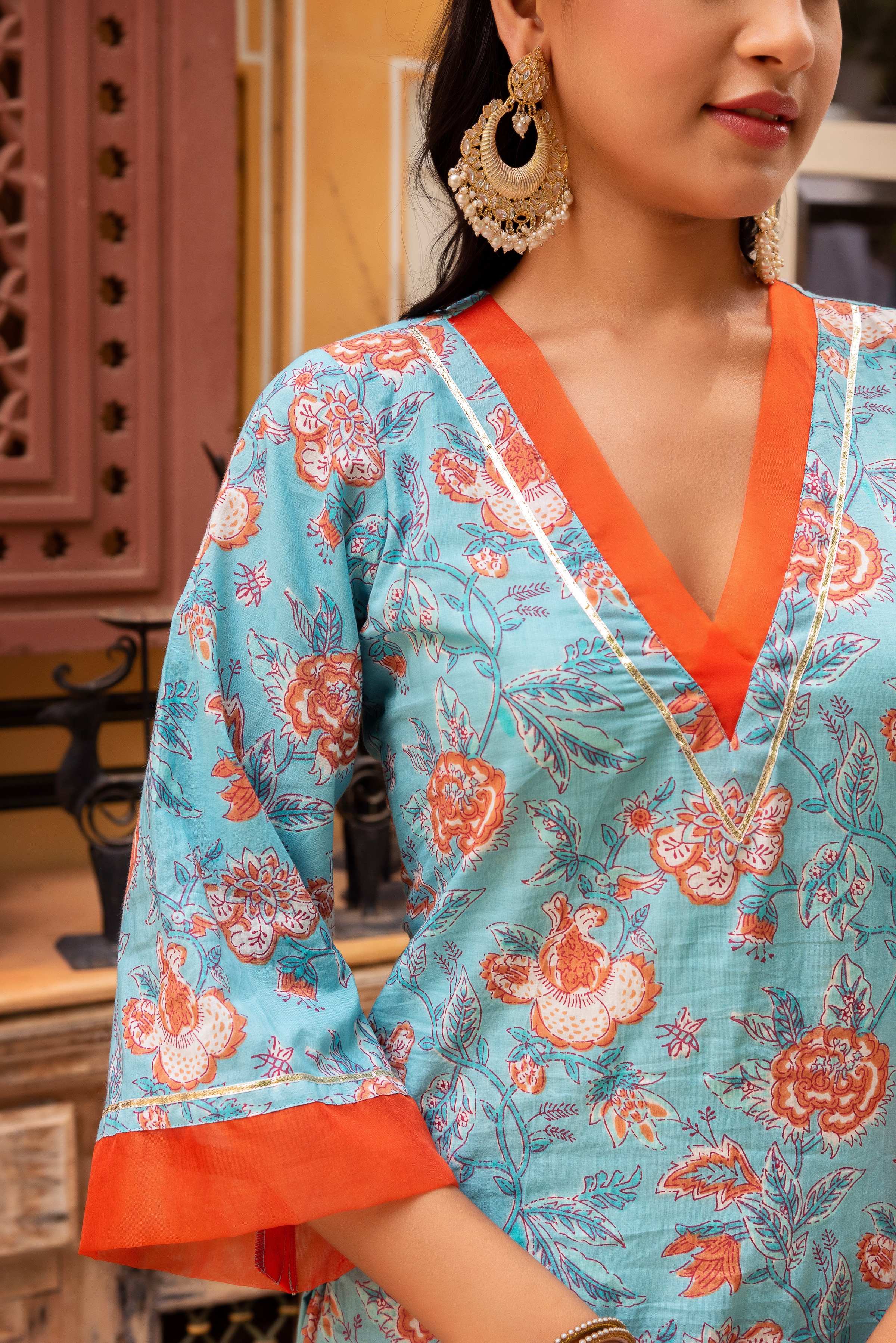 Pomcha Jaipur Gaurangi Blue Orange Cotton Floral Print Suit Set - Distacart