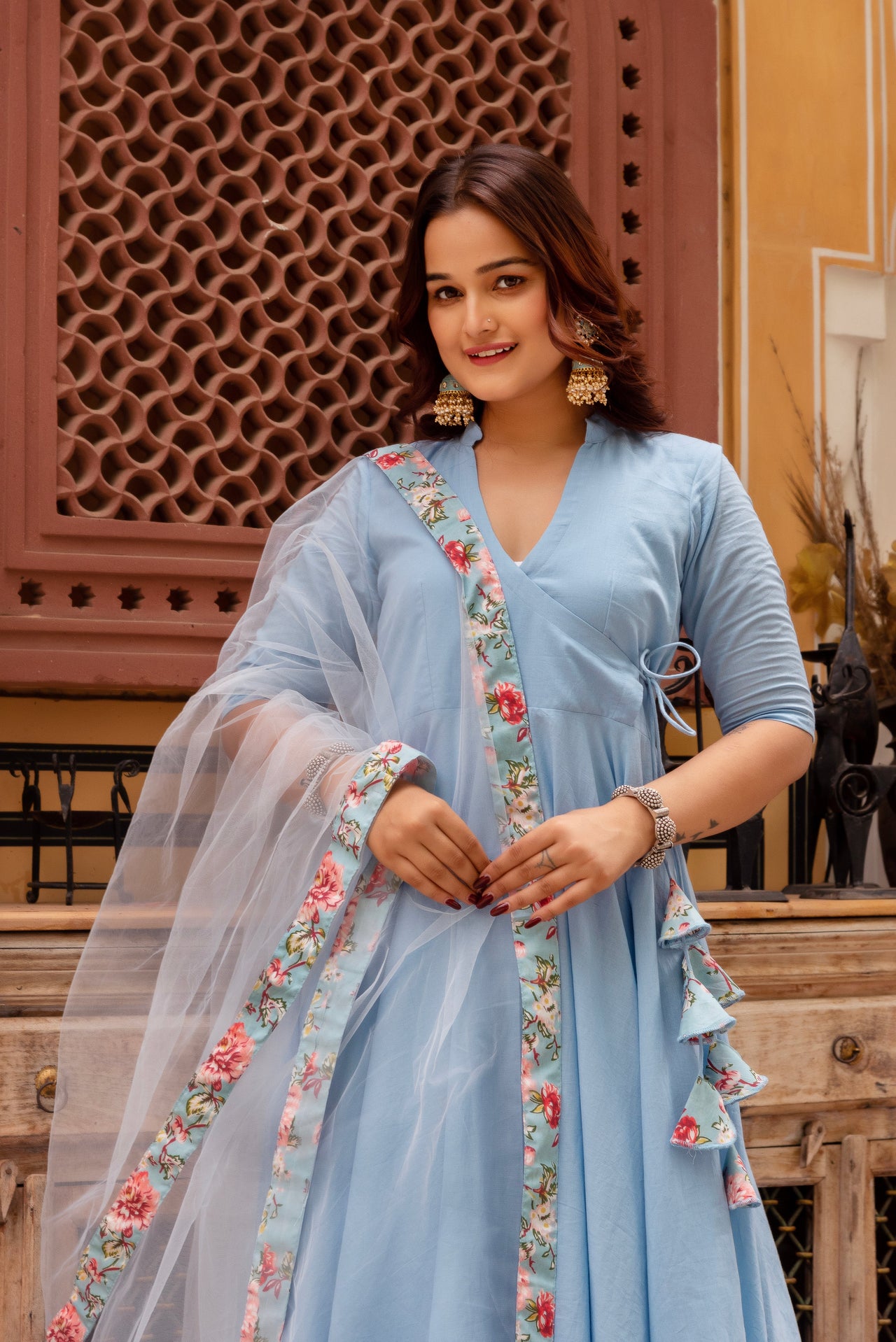 Pomcha Jaipur Gaurangi Powder Blue Cotton Skirt And Angrakha Set