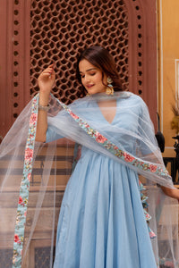 Thumbnail for Pomcha Jaipur Gaurangi Powder Blue Cotton Skirt And Angrakha Set