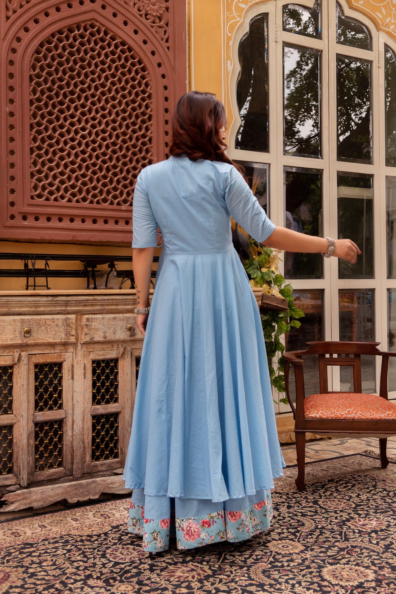 Pomcha Jaipur Gaurangi Powder Blue Cotton Skirt And Angrakha Set