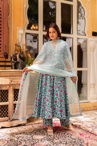 Thumbnail for Pomcha Jaipur Gaurangi Blue Pink Cotton Printed Anarkali Set