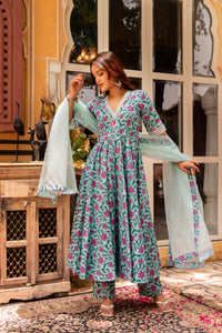 Thumbnail for Pomcha Jaipur Gaurangi Blue Pink Cotton Printed Anarkali Set