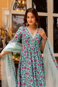 Thumbnail for Pomcha Jaipur Gaurangi Blue Pink Cotton Printed Anarkali Set