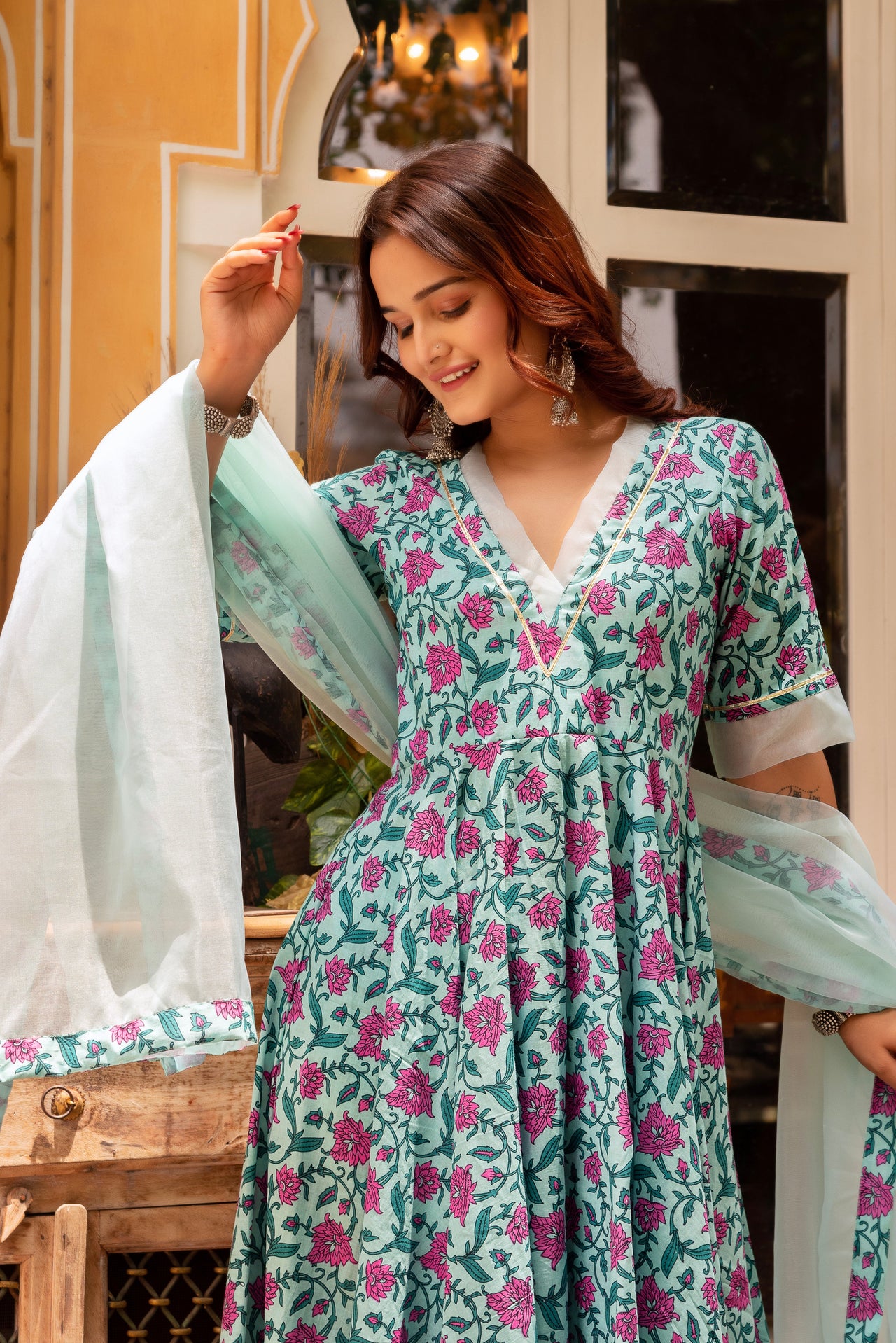Pomcha Jaipur Gaurangi Blue Pink Cotton Printed Anarkali Set