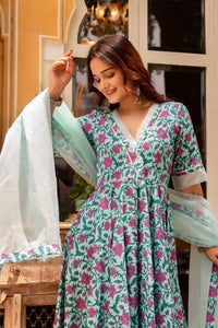 Thumbnail for Pomcha Jaipur Gaurangi Blue Pink Cotton Printed Anarkali Set