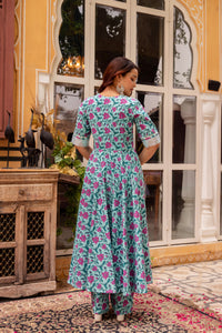 Thumbnail for Pomcha Jaipur Gaurangi Blue Pink Cotton Printed Anarkali Set