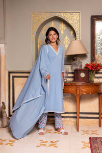 Thumbnail for Pomcha Jaipur Gaurangi Powder Blue Printed Pants Cotton Suit Set