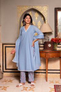 Thumbnail for Pomcha Jaipur Gaurangi Powder Blue Printed Pants Cotton Suit Set