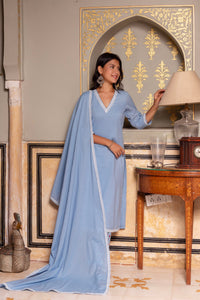 Thumbnail for Pomcha Jaipur Gaurangi Powder Blue Printed Pants Cotton Suit Set