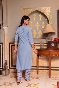 Thumbnail for Pomcha Jaipur Gaurangi Powder Blue Printed Pants Cotton Suit Set