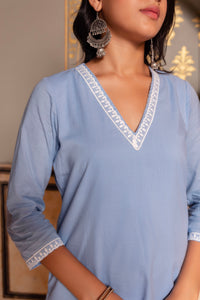 Thumbnail for Pomcha Jaipur Gaurangi Powder Blue Printed Pants Cotton Suit Set