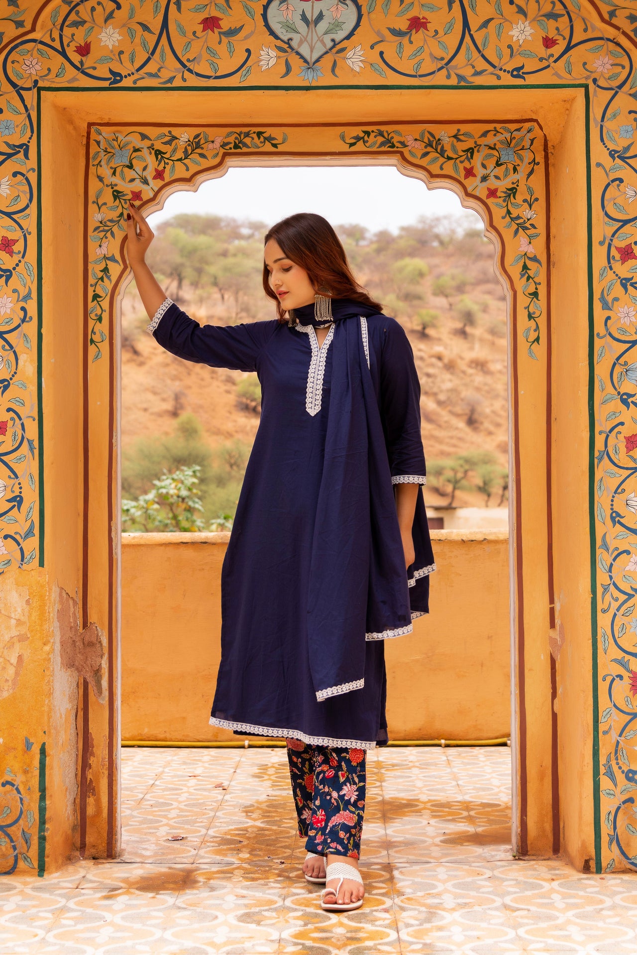Pomcha Jaipur Gaurangi Royal Blue Printed Pants Cotton Suit Set