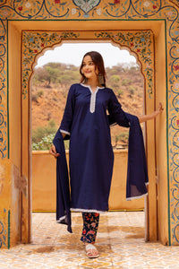 Thumbnail for Pomcha Jaipur Gaurangi Royal Blue Printed Pants Cotton Suit Set