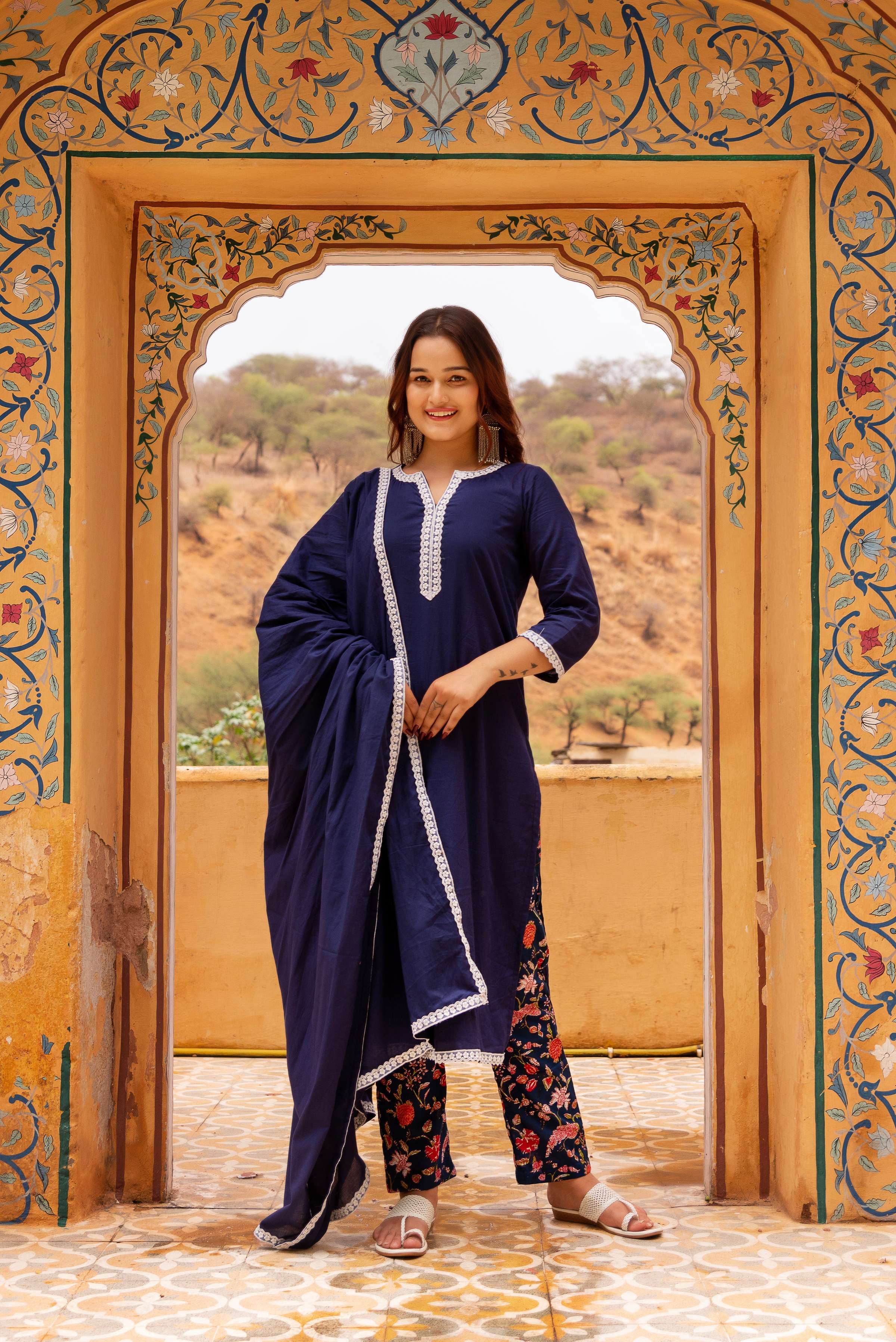 Pomcha Jaipur Gaurangi Royal Blue Printed Pants Cotton Suit Set - Distacart