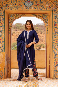 Thumbnail for Pomcha Jaipur Gaurangi Royal Blue Printed Pants Cotton Suit Set
