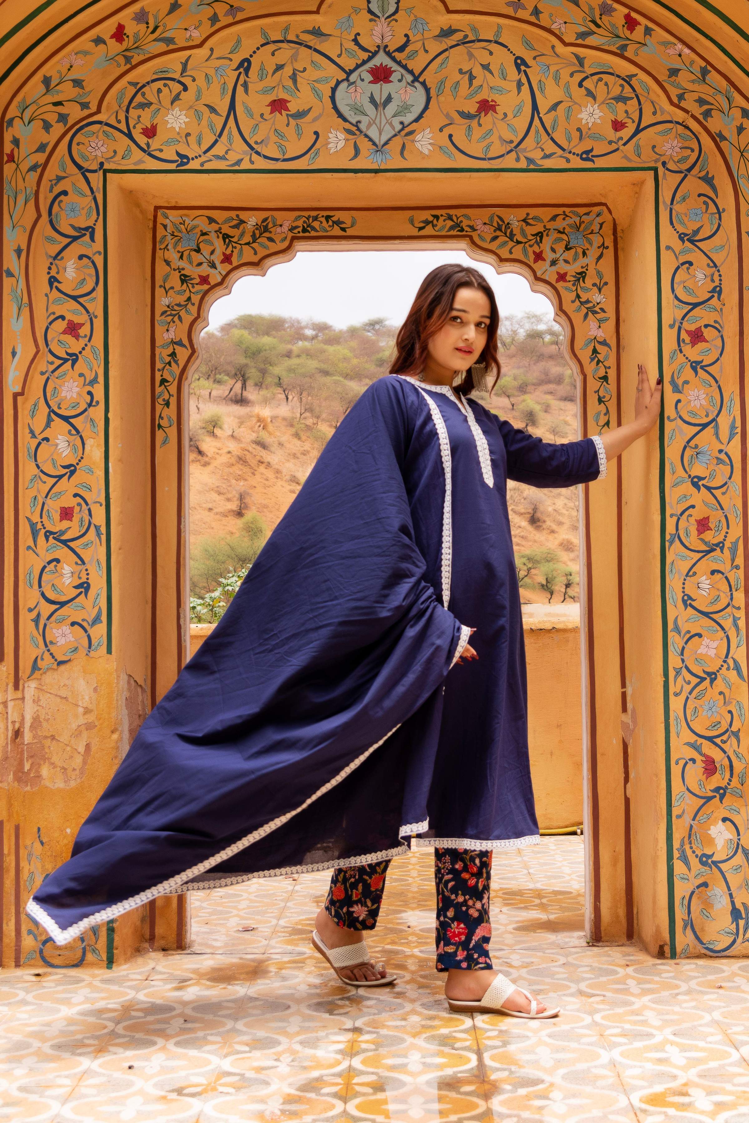 Pomcha Jaipur Gaurangi Royal Blue Printed Pants Cotton Suit Set - Distacart