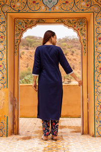 Thumbnail for Pomcha Jaipur Gaurangi Royal Blue Printed Pants Cotton Suit Set