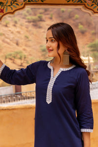 Thumbnail for Pomcha Jaipur Gaurangi Royal Blue Printed Pants Cotton Suit Set