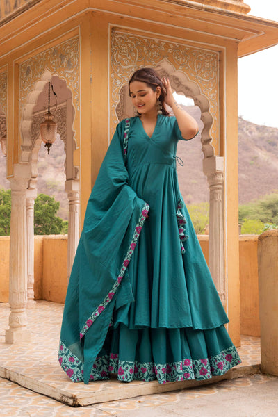 Pomcha Jaipur Gaurangi Teal Green Angrakha Skirt Set - Distacart