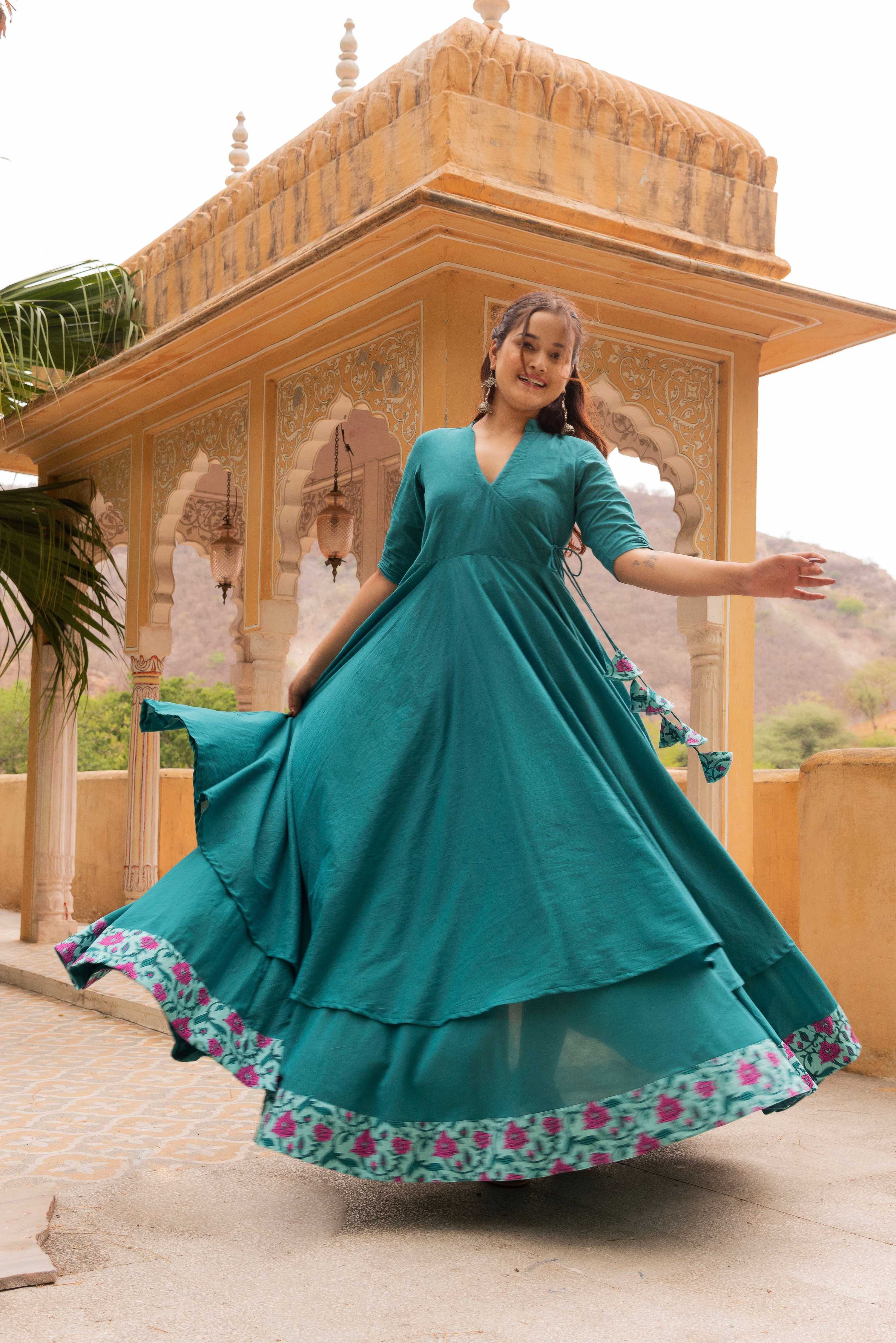 Pomcha Jaipur Gaurangi Teal Green Angrakha Skirt Set - Distacart