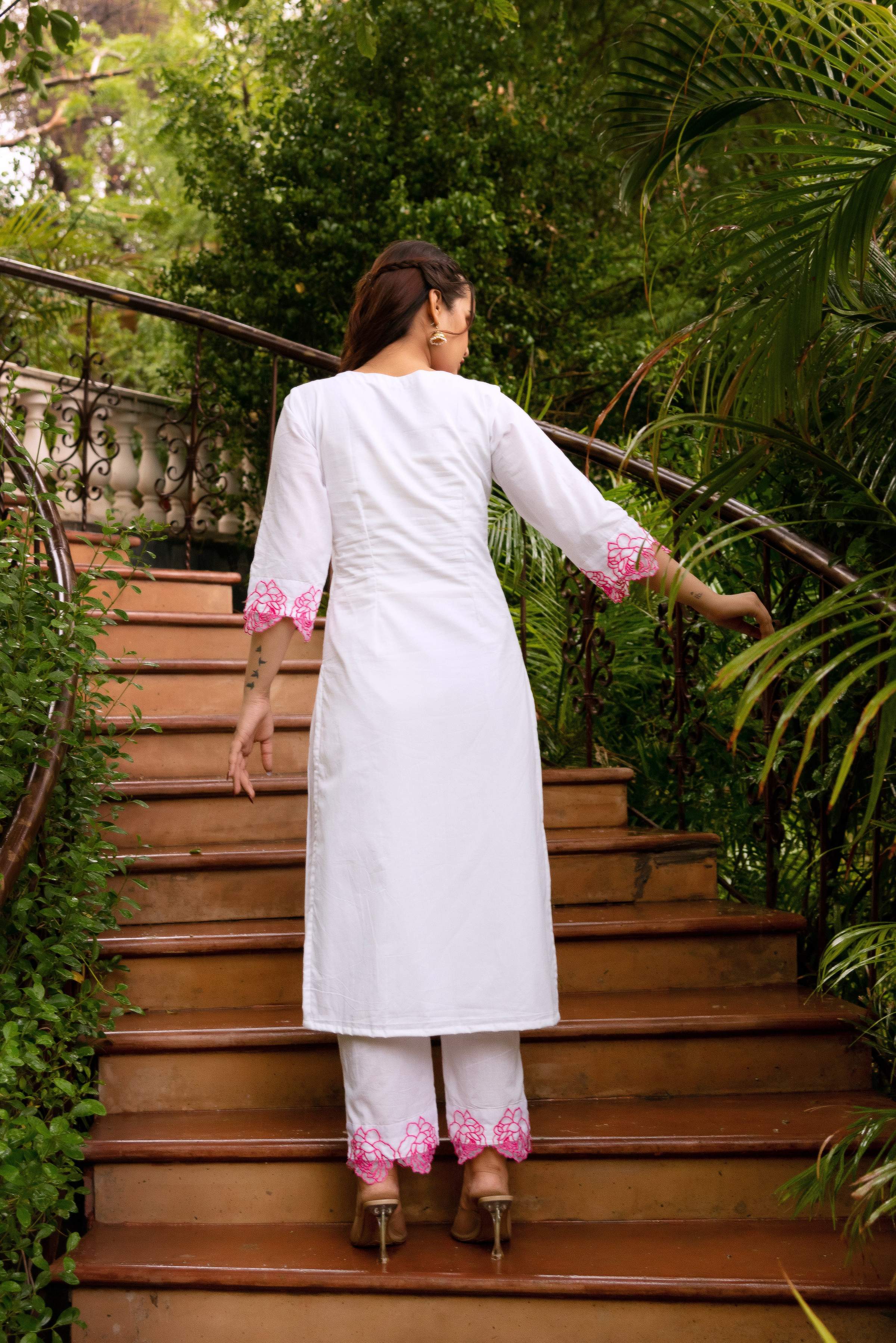 Pomcha Jaipur Gaurangi Ruzma White Embroidery Cotton Suit Set - Distacart