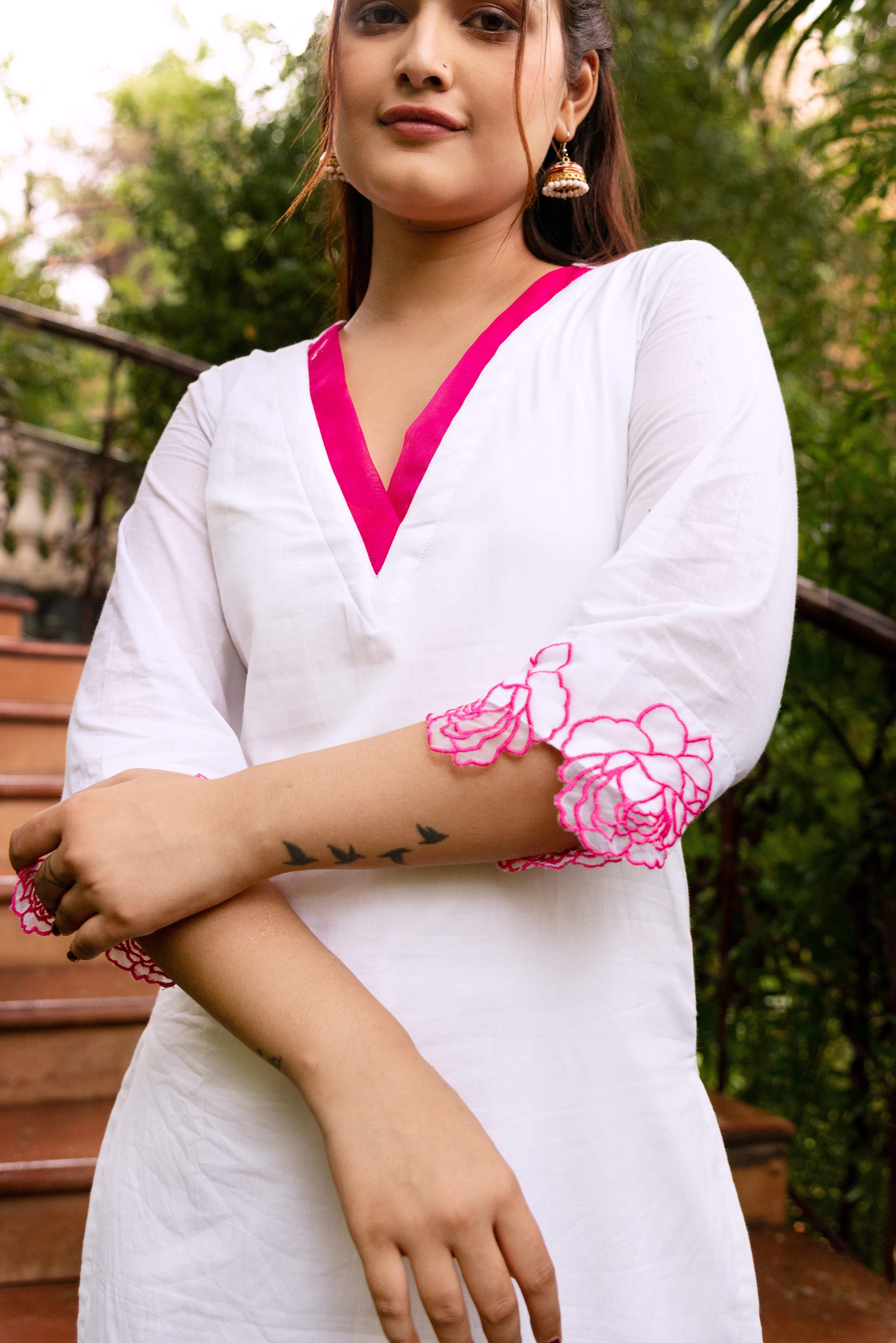 Pomcha Jaipur Gaurangi Ruzma White Embroidery Cotton Suit Set - Distacart