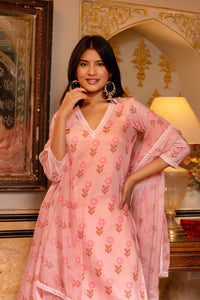 Thumbnail for Pomcha Jaipur Gaurangi Peach Muslin Printed Suit Set