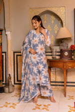 Thumbnail for Pomcha Jaipur Gaurangi White Phool Powder Blue Muslin Suit Set - Distacart