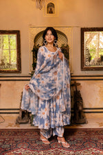 Thumbnail for Pomcha Jaipur Gaurangi White Phool Powder Blue Anarkali Set - Distacart