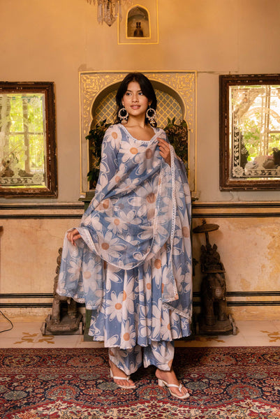 Pomcha Jaipur Gaurangi White Phool Powder Blue Anarkali Set - Distacart