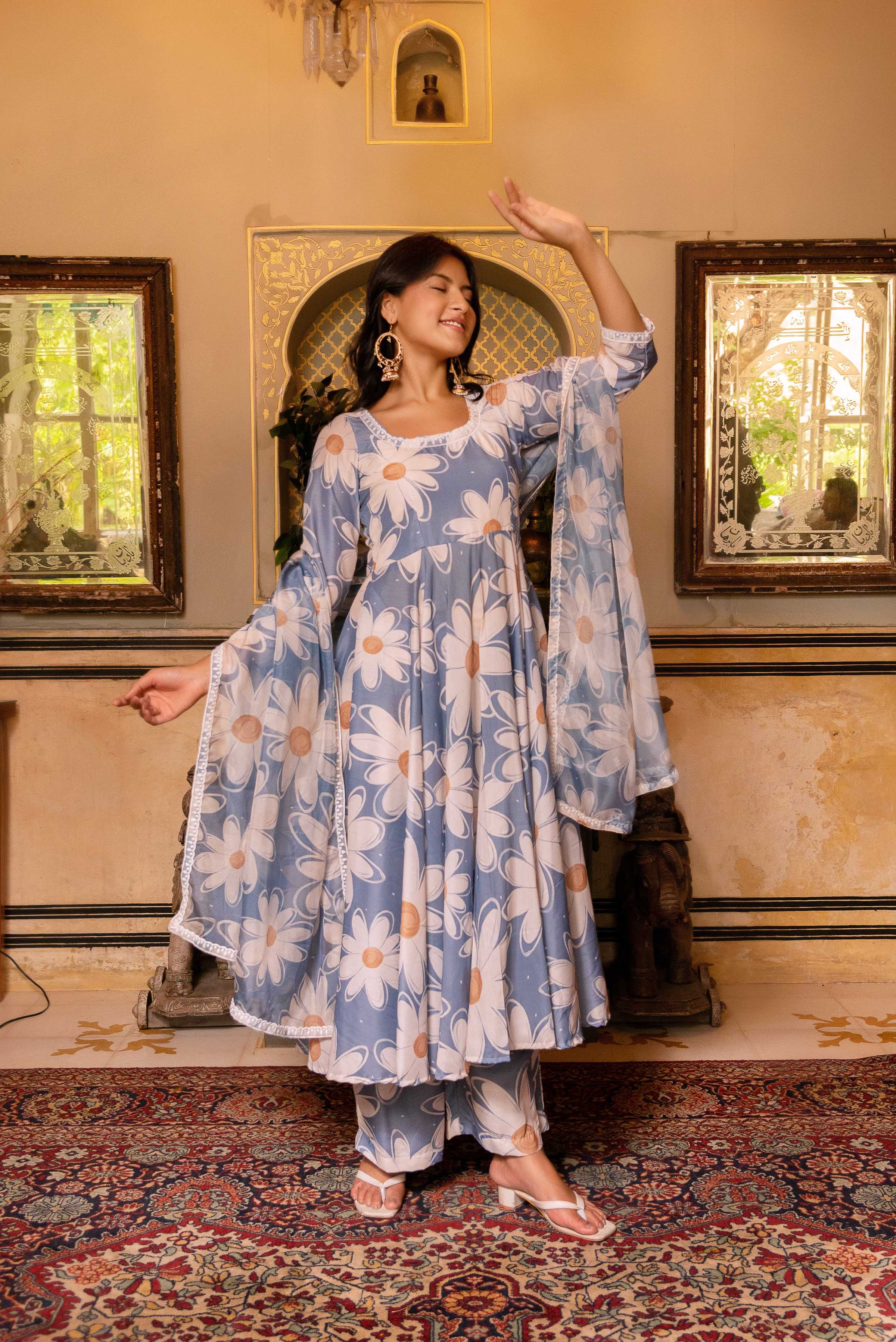 Pomcha Jaipur Gaurangi White Phool Powder Blue Anarkali Set - Distacart