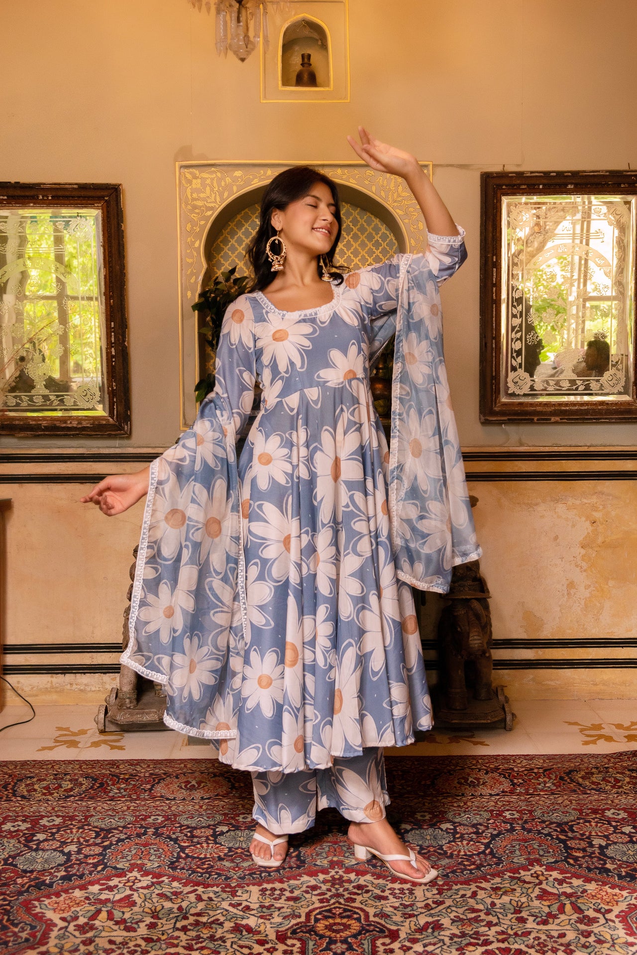 Pomcha Jaipur Gaurangi White Phool Powder Blue Anarkali Set