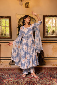 Thumbnail for Pomcha Jaipur Gaurangi White Phool Powder Blue Anarkali Set