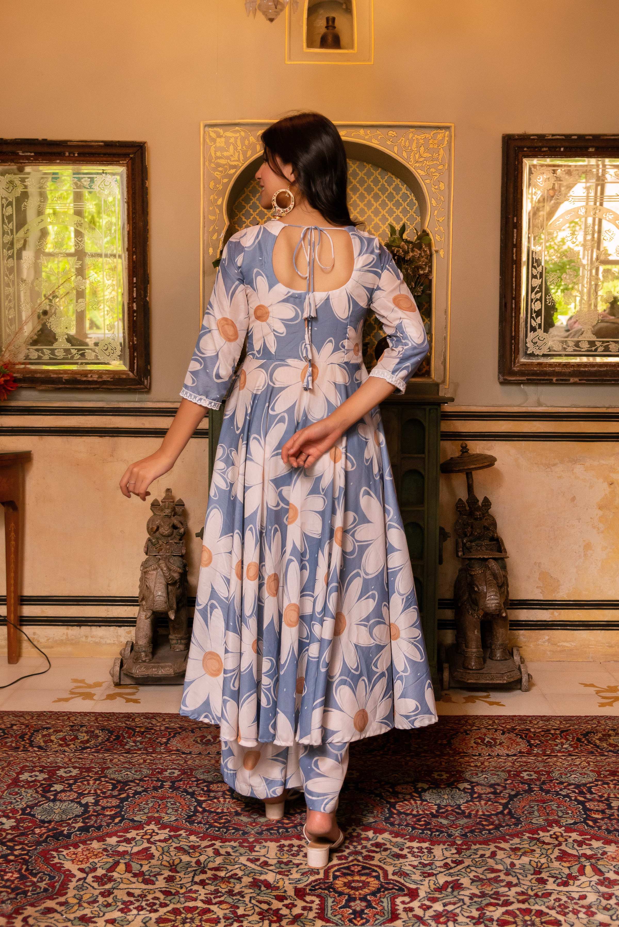 Pomcha Jaipur Gaurangi White Phool Powder Blue Anarkali Set - Distacart