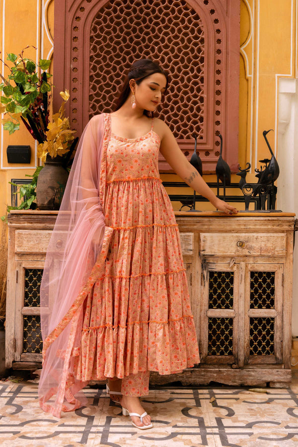 Pomcha Jaipur Gaurangi Trishika Peach Cotton Tiered Anarkali Set - Distacart