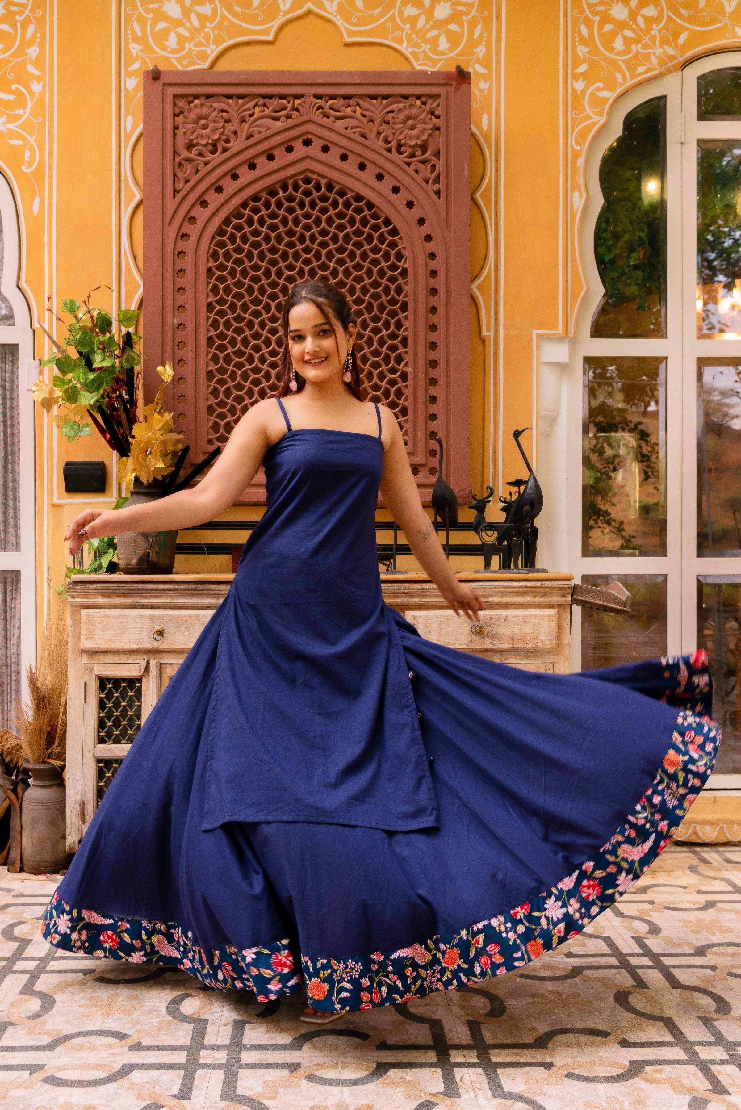 Pomcha Jaipur Gaurangi Roop Blue Cotton Kurta Skirt Set - Distacart