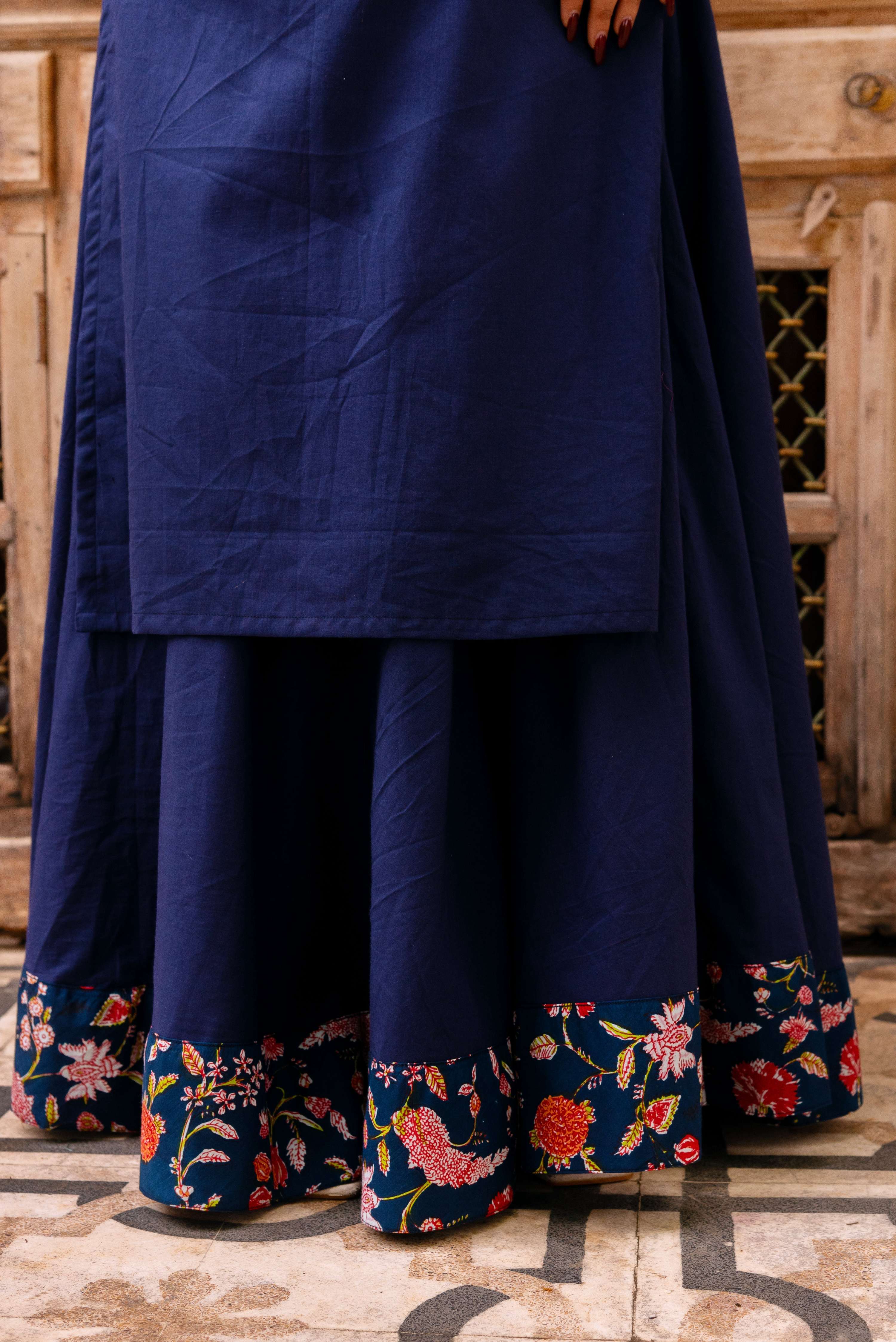 Pomcha Jaipur Gaurangi Roop Blue Cotton Kurta Skirt Set - Distacart