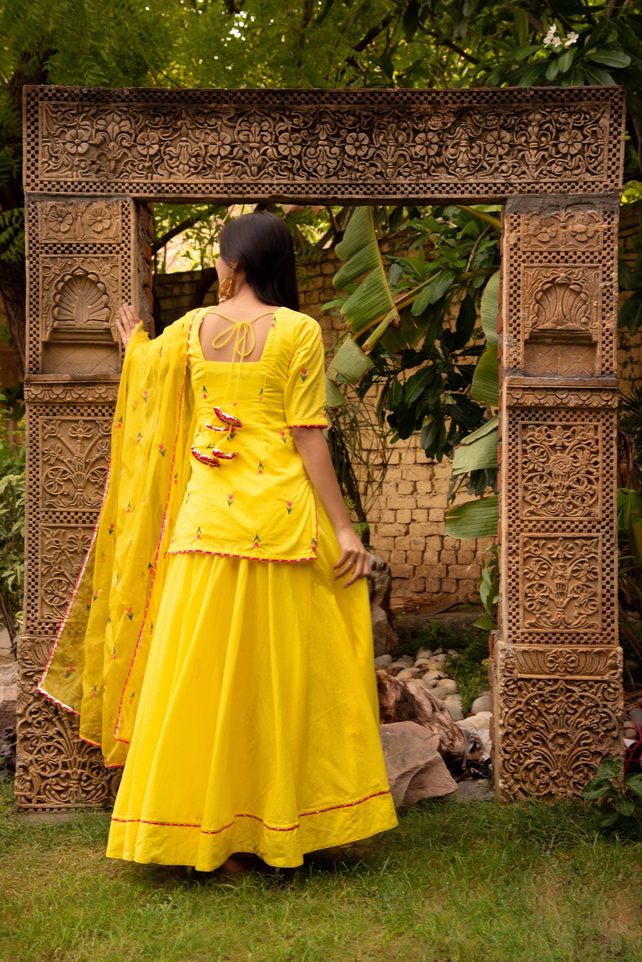 Pomcha Jaipur Gaurangi Ira Yellow Embroidery Lehenga Set
