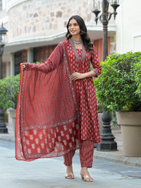Thumbnail for Indian Fashion Women Red Printed Kurta, Pant And Dupatta Set