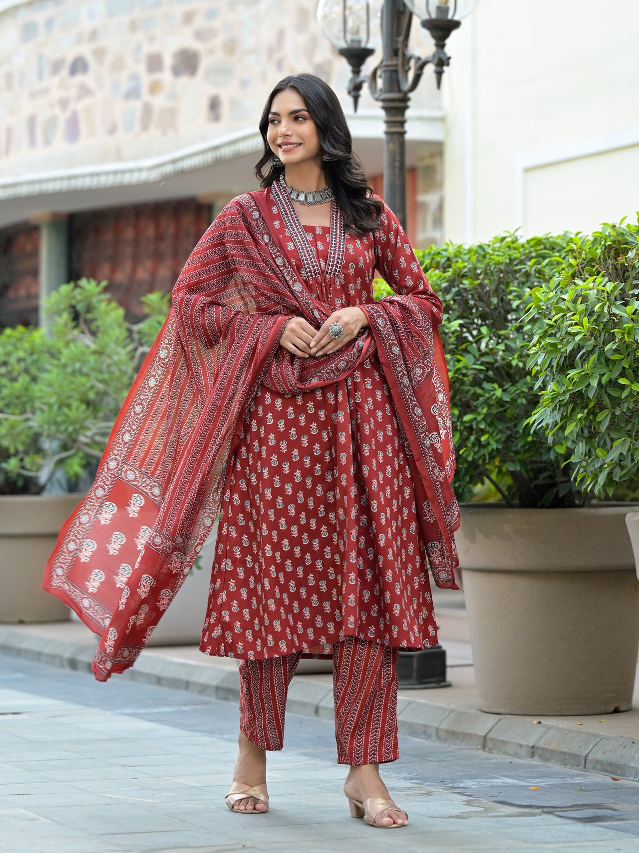 Indian Fashion Women Red Printed Kurta, Pant And Dupatta Set
