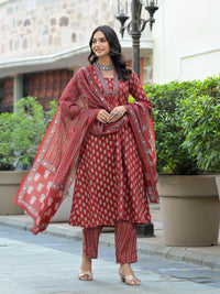 Thumbnail for Indian Fashion Women Red Printed Kurta, Pant And Dupatta Set
