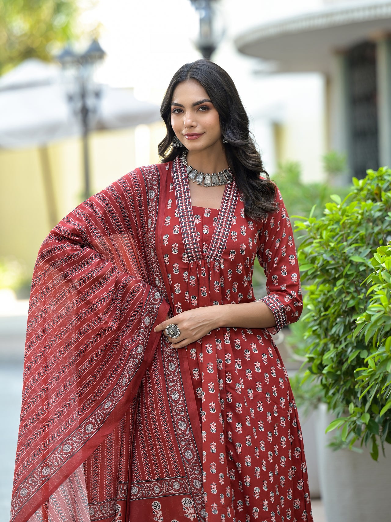 Indian Fashion Women Red Printed Kurta, Pant And Dupatta Set