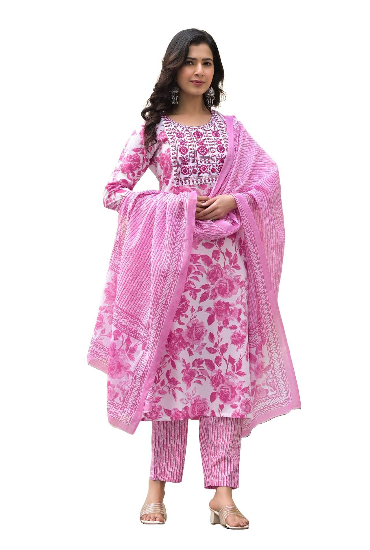NOZ2TOZ Women Pink, White Floral Print Viscose Rayon Kurta, Pant And Dupatta Set