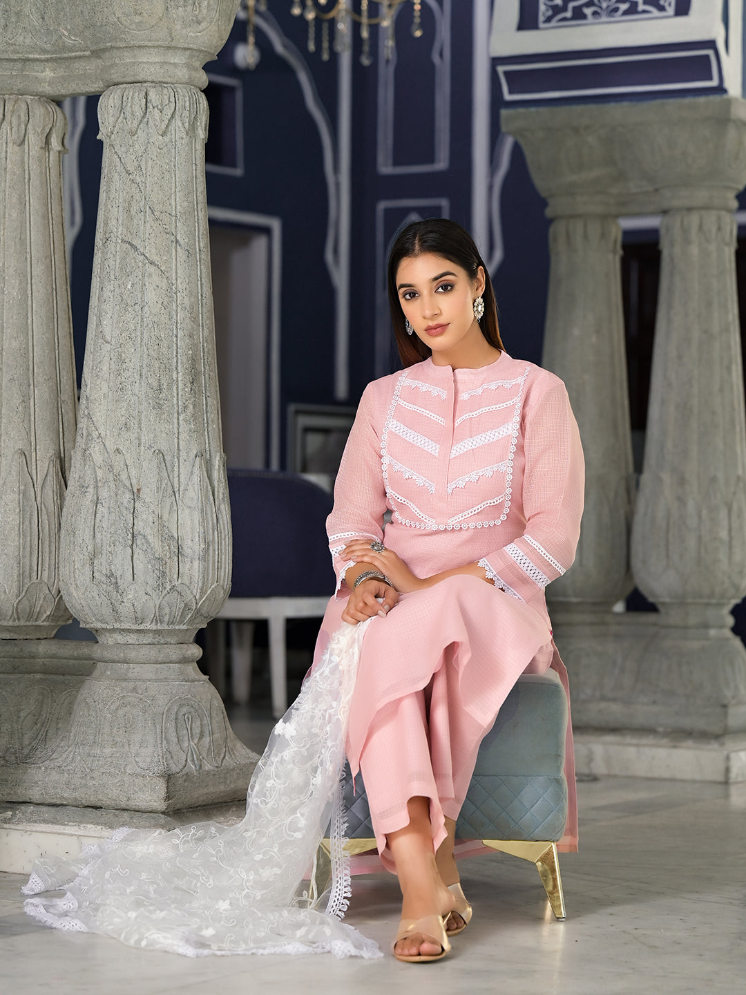 Varanga Women Pink Kota Check Cotton Lace Detailed Kurta Paired With Bottom And Dupatta - Distacart