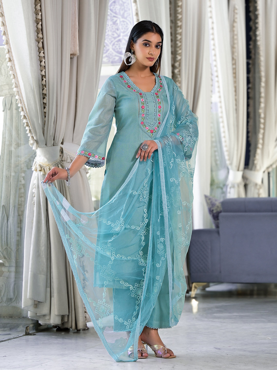 Varanga Women Sea Green Kota Check Thread Embroidered Kurta With Bottom And Dupatta - Distacart