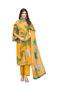 Thumbnail for Lyush Women's V Neck Work Organza Silk Fabric Kurta Pant With Dupatta Set - Yellow